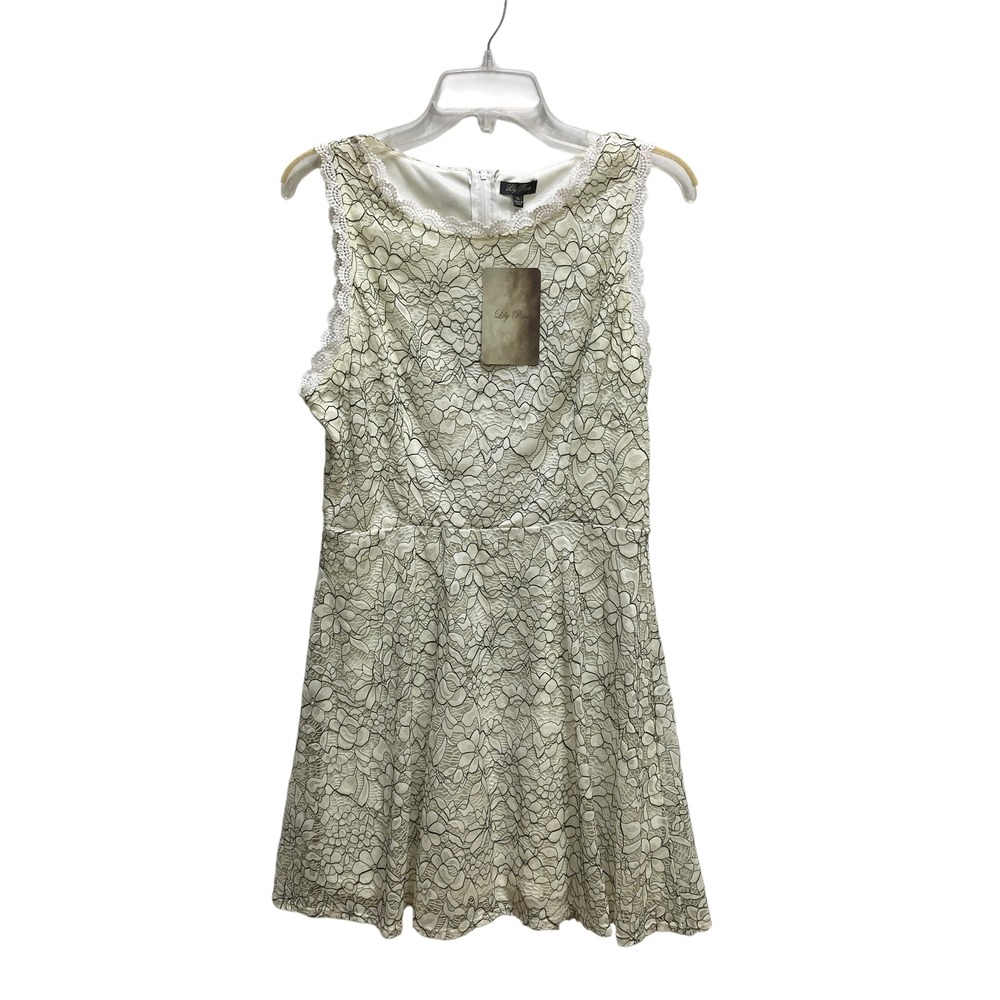 NEW Lily Rose Womens XL Floral Lace Fit & Flare Dress Cream Black Crochet Trim